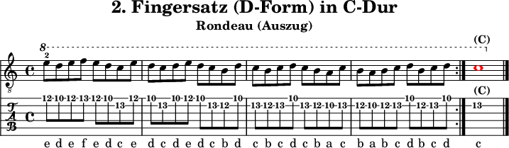 
\version "2.20.0"
\header {
  title="2. Fingersatz (D-Form) in C-Dur"
  subtitle="Rondeau (Auszug)"
}
%% Diskant- bzw. Melodiesaiten
Diskant = \relative c'' {
  \set TabStaff.minimumFret = #9
  \set TabStaff.restrainOpenStrings = ##t
  \key c \major
  \repeat volta 2 {
    \ottava #1 e8-2 d e f e d c e
    d c d e d c b d
    c b c d c b a c
    b a b c d b c d
  }
  \once \override NoteHead #'color = #red c1^\markup { \bold {(C)} }
  \bar "|."
 }

%% Layout- bzw. Bildausgabe
\score {
  <<
    \new Voice  { 
      \clef "treble_8" 
      \time 4/4  
      \tempo 4 = 120 
      \set Score.tempoHideNote = ##t
      \Diskant \addlyrics {
        e8 d e f e d c e
        d c d e d c b d
        c b c d c b a c
        b a b c d b c d
       c
      }
    }
    \new TabStaff { \tabFullNotation \Diskant }
  >>
  \layout {}
}

%% Midiausgabe mit Wiederholungen, ohne Akkorde
\score {
  <<
    \unfoldRepeats {
      \new Staff  <<
        \tempo 4 = 120
        \time 4/4
        \set Staff.midiInstrument = #"acoustic guitar (nylon)"
        \clef "G_8"
        \Diskant
      >>
    }
  >>
  \midi {}
}
%% unterdrückt im raw="!"-Modus das DinA4-Format.
\paper {
  indent=0\mm
  %% DinA4 = 210mm - 10mm Rand - 20mm Lochrand = 180mm
  line-width=180\mm
  oddFooterMarkup=##f
  oddHeaderMarkup=##f
  % bookTitleMarkup=##f
  scoreTitleMarkup=##f
}
