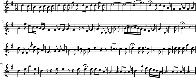 
\relative c'' {
  \key g \major
  \time 6/8
  \partial 4.
  \autoBeamOff
  d4 c8
  b4 b8 c b c
  d4 d8 d g d
  d[ b] d d g d
  d2.~ d~ d4.( g)
  d4\fermata d8 d[ c] a
  g4 g8 a[ g] a

  b4 g'8
  e[ d16 c] b[ a]
  g4 g8 a[ g] a
  g4 r8 r fis g
  a d, d d d' d
  b16[( c d c b a]) g8 fis g
  a4 d,8 d'4 d8
  b4.\fermata d

  d8 e, e \grace fis' e c a
  fis4. g8 g a
  b4 b8 cis b cis
  d4. r4 r8
  cis4.\fermata cis4 cis8
  d4.\fermata d8 d c!
  b4 b8 c4 c8
  d d d g4 d8

  b4 d8 g4 d8
  b4 r8 r4 d8
  d4 r8 r4 d8
  d4\fermata d8 d[ c] a
  g4 g8 a[ g] a
  b4 g'8 e d16[ c b a]
  g4. a8[ g] a
  g4.
  \bar "|."
}
