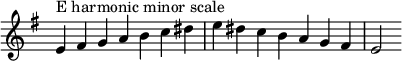  { \menimpa Skor.TimeSignature #'stensil = ##f \relatif c' { \clef treble \kunci e \minor \waktu 7/4 e4^\markup "E harmonic minor scale" fis g a b c dis e dis c b a g fis e2 } } 