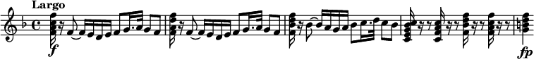 
\relative c'' { \key f \major \time 4/4 \set Score.tempoHideNote = ##t \tempo "Largo" 4=46
 \override Score.NonMusicalPaperColumn #'line-break-permission = ##f
 <f c a f>16\f r f,8~ f16 e d e f8 g16. a32 g8 f
 <f' d a f>16 r f,8~ f16 e d e f8 g16. a32 g8 f
 <f' d bes f>16 r bes,8~ bes16 a g a bes8 c16. d32 c8 bes
 <c bes g e c>16 r r8 <c a f c>16 r r8 <f d bes f>16 r r8 <f c a f>16 r r8 <f d b g>4\fp
}
