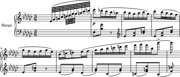 
\version "2.14.2"
\header {
 tagline = ##f
}
upper = \relative c' {
 \clef treble 
 \key ges \major
 \time 3/8
 \tempo 8 = 152
 %\autoBeamOff
  \set Staff.midiInstrument = #"orchestral harp"

 \partial 8 s16 
 \times 4/11 { \autoBeamOn << { ees64( ges a! ces d! ees ges ges a ces d!) } \\ { s64*4 d,!64[ ees ges ges] } >> }
 ees'8-.\p des!16( ces bes aes! bes aes ges aes bes ges)
 ces8-. bes16( aes ges f ges f ees f ges ees)
 bes16( c! d!8) ees16( f ges aes bes c! d! ees f ges f bes, bes'8~->) bes8

}

lower = \relative c {
 \clef bass
 \key ges \major
 \time 3/8
 \set Staff.midiInstrument = #"orchestral harp"

 s8 ees8-. < ges' bes, >8-. r8
 \clef treble ees8 < bes' f >8 < d! bes >
 ees,8 < bes' f >8 < ees ces > ees, < c'! ges > r8
 ees,8( < bes' ges >8) des,( < bes' ges >) ces,( < bes' ges >)
 c,!( < ees' a,! f >8) bes,( < d'! f, >)

}

\score {
 \new PianoStaff <<
  \set PianoStaff.instrumentName = #"Harpe"
  \new Staff = "upper" \upper
  \new Staff = "lower" \lower
 >>
 \layout {
  \context {
   \Score
   \remove "Metronome_mark_engraver"
  }
 }
 \midi { }
}
