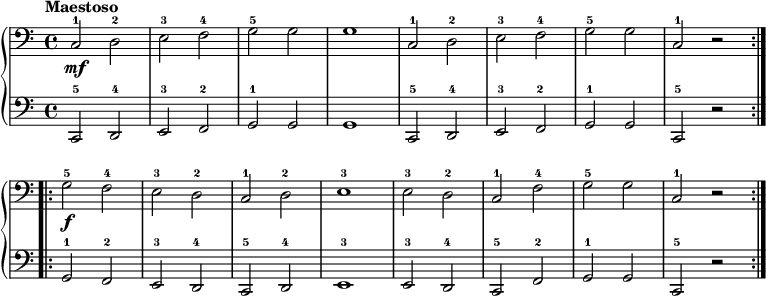 
\new PianoStaff << \override Score.BarNumber  #'transparent = ##t \relative c
\new Staff  { \clef bass  \tempo Maestoso
c2-1\mf d-2 | e-3 f-4 | g-5 g | g1 | c,2-1 d-2 | e-3 f-4 | g-5 g | c,2-1 r \bar ":|.|:" g'-5\f f-4 | e-3 d-2 | c-1 d-2 | e1-3 | e2-3 d-2 | c-1 f-4 | g-5 g | c,-1 r \bar ":|."}
\new Staff { \clef bass
c,2-5 d,-4 | e,-3 f,-2 | g,-1 g, | g,1 | c,2-5 d,-4 | e,-3 f,-2 | g,-1 g, | c,-5 r | g,-1 f,-2 | e,-3 d,-4 | c,-5 d,-4 | e,1-3 | e,2-3 d,-4 | c,-5 f,-2 | g,-1 g, | c,-5 r }
>>
