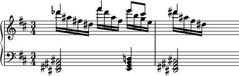 
\language "italiano"
porteeA = \relative do''' {
   << { \voiceOne
       reb4 fad mi8 dod | red4 s4 \bar " "
      } 
     \new Voice { \voiceTwo 
       reb16[ lad fad! red] fad'[ reb lad fad] mi'[ si sol mi] | red'[ lad fad red]
     }
   >>
}
porteeB = \relative do {
       <dod! lad fad! red>2 <re! si sol mi>4 | <dod! lad fad! red>2
}
\score {
  \new PianoStaff <<
    \new Staff <<
      \clef treble \time 3/4 \key re \major { \porteeA }
    >>
    \new Staff <<
      \clef bass   \time 3/4 \key re \major { \porteeB }
    >>
  >>
  \layout {
    \context { \Staff \RemoveEmptyStaves }
    indent = 0\cm
    \override Score.BarNumber #'stencil = ##f
    line-width = #120
  }
  \midi { }
}
\header { tagline = ##f}
