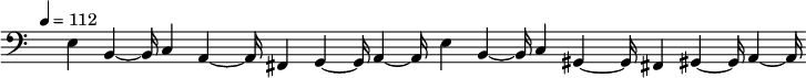 \relative c'
{\tempo 4 = 112 \numericTimeSignature \time 4/4
 \override Staff.TimeSignature #'transparent = ##t
 \override Staff.BarLine #'stencil = ##f
\clef bass e,4 b~b16 c4 a~a16 fis4 g~g16 a4~a16 e'4 b~b16 c4 gis~gis16 fis4 gis~gis16 a4~a16}
