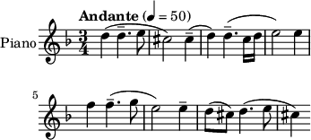 \new Staff \with { instrumentName = #"Piano"} \relative c'' {\key d \minor \time 3/4 \set Staff.midiInstrument=#"piano" \tempo "Andante" 4 = 50 | d4 ( d4. \tenuto e8 | cis2) cis4 \tenuto ( | d4) d4. \tenuto ( c16 d | e2) e4 | f4 f4. \tenuto ( g8 | e2) e4 \tenuto | d8 ( cis) d4. ( e8 | cis4 )}