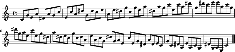 
{

\modalTranspose c c' { c dis e g a } { c8 g e a } 
\modalTranspose c dis' { c dis e g a } { c g e a } 
\modalTranspose c e' { c dis e g a } { c g e a } 
\modalTranspose c g' { c dis e g a } { c g e a } 
\modalTranspose c a' { c dis e g a } { c g e a } 
\modalTranspose c c'' { c dis e g a } { c g e a } 
\modalTranspose c dis'' { c dis e g a } { c g e a } 
\modalTranspose c e'' { c dis e g a } { c g e a } 
\modalTranspose c g'' { c dis e g a } { c g e a } 

\modalInversion c e''' { c dis e g a } { c g e a } 
\modalInversion c dis''' { c dis e g a } { c g e a } 
\modalInversion c c''' { c dis e g a } { c g e a } 
\modalInversion c a'' { c dis e g a } { c g e a } 
\modalInversion c g'' { c dis e g a } { c g e a } 
\modalInversion c e'' { c dis e g a } { c g e a } 
\modalInversion c dis'' { c dis e g a } { c g e a } 
\modalInversion c c'' { c dis e g a } { c g e a } 
\modalInversion c a' { c dis e g a } { c g e a } 
\modalInversion c g' { c dis e g a } { c g e a } 
\modalInversion c e' { c dis e g a } { c g e a } 
\modalInversion c dis' { c dis e g a } { c g e a } 

c'2

\bar "|."
}
