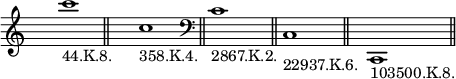 
\language "italiano"
melody = \relative do''' {
  \override Staff.TimeSignature.color = #white
  \override Staff.TimeSignature.layer = #-1
  do1_\markup { "44.K.8." } \bar "||" \time 6/4 do,_\markup { "358.K.4." } s4 s4 \bar "||"
  \clef bass do,1_\markup { "2867.K.2." } s2 \bar "||" 
  do,1_\markup { \lower #3 "22937.K.6." } s4 s4 \bar "||" s4 do,1_\markup { "103500.K.8." } s4 \bar "||"
}
\score {
  <<
    \new Voice = "mel" { \autoBeamOff \melody }
  >>
  \layout {
    \context { \Staff 
               \RemoveEmptyStaves 
             }
    indent = 0\cm
    line-width = #120
    \override Score.BarNumber #'stencil = ##f
  }
  \midi { }
}
\header { tagline = ##f}
