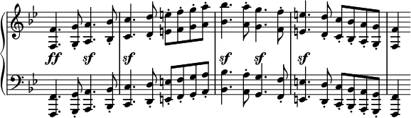 
 \relative c' {
  \new PianoStaff <<
   \new Staff \with { \remove "Time_signature_engraver" } { \key bes \major \time 4/4
    <f f,>4. <g g,>8-. <a a,>4. <bes bes,>8-. <c c,>4. <d d,>8-. <e e,>-. <f f,>-. <g g,>-. <a a,>-.
    <bes bes,>4. <a a,>8-. <g g,>4. <f f,>8-. <e e,>4. <d d,>8-. <c c,>-. <bes bes,>-. <a a,>-. <g g,>-. <f f,>4
   }
   \new Dynamics {
    s2\ff s\sf s\sf s s\sf s\sf s\sf 
   }
   \new Staff \with { \remove "Time_signature_engraver" } { \key bes \major \time 4/4 \clef bass
    <f,, f,>4. <g g,>8-. <a a,>4. <bes bes,>8-. <c c,>4. <d d,>8-. <e e,>-. <f f,>-. <g g,>-. <a a,>-.
    <bes bes,>4. <a a,>8-. <g g,>4. <f f,>8-. <e e,>4. <d d,>8-. <c c,>-. <bes bes,>-. <a a,>-. <g g,>-. <f f,>4
   }
  >>
 }
