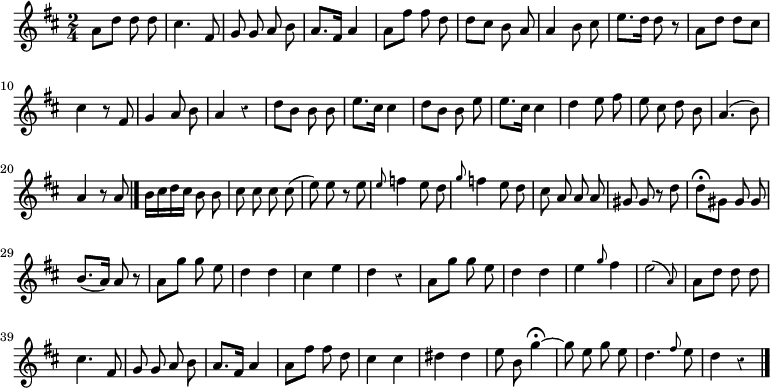 
\relative c'' {
  \override Rest #'style = #'classical
  \key d \major
  \time 2/4
  \autoBeamOff
  a8[ d] d d
  cis4. fis,8
  g g a b
  a8.[ fis16] a4
  a8[ fis'] fis d
  d[ cis] b a
  a4 b8 cis
  e8.[ d16] d8 r

  a[ d] d[ cis]
  cis4 r8 fis,
  g4 a8 b
  a4 r
  d8[ b] b b
  e8.[ cis16] cis4
  d8[ b] b e
  e8.[ cis16] cis4
  d4 e8 fis
  e cis d b

  a4.( b8)
  a4 r8 a \bar "|."
  b16[ cis d cis] b8 b
  cis cis cis cis(
  e) e r e
  \grace e f4 e8 d
  \grace g f4 e8 d
  cis a a a
  gis gis r d'

  d[\fermata gis,] gis gis
  b8.[( a16]) a8 r
  a[ g'] g e
  d4 d
  cis e
  d r
  a8[ g'] g e
  d4 d
  e \grace g8 fis4
  \afterGrace e2( { a,8) }
  a[ d] d d

  cis4. fis,8
  g g a b
  a8.[ fis16] a4
  a8[ fis'] fis d
  cis4 cis
  dis dis
  e8 b g'4~\fermata
  g8 e g e
  d4. \grace fis8 e
  d4 r
  \bar "|."
}
