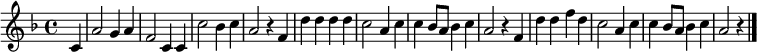 
\relative c' { \key f \major \time 4/4 \partial 4
 c4 | a'2 g4 a4 | f2 c4 c4 | c'2 bes4 c4 | a2 r4 f4 |
 d'4 d4 d4 d4 | c2 a4 c4| c4 bes8 a8 bes4 c4| a2 r4 f4 |
 d'4 d4 f4 d4 | c2 a4 c4| c4 bes8 a8 bes4 c4| a2 r4| \bar "|."
}
%{
\addlyrics {
 Wir | hat -- ten ge -- | bau -- et ein | statt -- li -- ches | Haus und |
 drin auf Gott ver -- | trau -- et trotz | Wet -- te -- r, Sturm und | Graus, und
 drin auf Gott ver -- | trau -- et trotz | Wet -- te -- r, Sturm und | Graus.
}
%}
