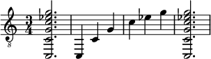  {
\clef "treble_8"
\time 3/4
<c, c g c' ees' g'>2.
<c, >4
<c >4
<g  >4
<c' >4
<ees' >4
<g' >4
<c, c g c' ees' g'>2.
}
