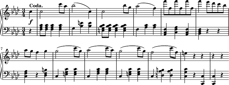  \relative c' {  \new PianoStaff <<   \new Staff { \key f \minor \time 3/4 \partial 4 \set Score.tempoHideNote = ##t \tempo "" 2. = 64        c'^\markup {\bold Coda.} c2 c'8[ aes] bes2( c,4) c2 bes'8[ g] aes2( f4) f'8[ f, f' f, f' f,] f'4 ees8[ des c bes] aes g f4 g g2( c8[ g)] aes2( c8[ aes)] g2( c8[ g)] f2( c'8[ f,)] e4 r r r r      }   \new Dynamics {    s\f      }   \new Staff { \key f \minor \time 3/4 \clef bass \partial 4      r4 <f,, aes c>8[ <f aes c>] <f aes c>4 <f aes c> g4 <bes e> <bes e> <e, g bes c>8[ <e g bes c>] <e g bes c>4 <e g bes c> f <aes c> <aes c> <aes, c f> <c f aes> <aes c f> <bes des f> r r <c f aes> r <des f b> c <e g c> <e g c> c <f aes c> <f aes c> c <e g c> <e g c> c <d as' b> <d as' b>  <c g' c> r<c c,> <c c,> r      }  >> }