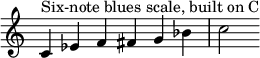 
{
\override Score.TimeSignature #'stencil = ##f
\relative c' { 
  \clef treble 
  \time 6/4 c4^\markup { "Six-note blues scale, built on C" } es f fis g bes c2
} }
