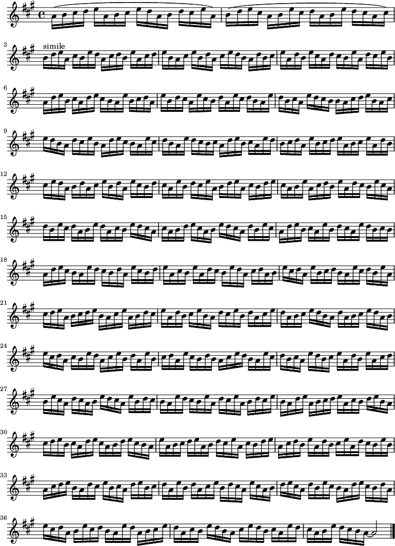 
{
\clef treble
\key a \major 
\time 4/4

a'16( b' cis'' d'' e'' a' b' cis'' e'' d'' a' b' d'' cis'' e'' a') b'( d'' e'' cis'' a' b' e'' cis'' d'' a' b' e'' d'' cis'' a' cis'') b'^"simile" d'' e'' a' cis'' b' e'' d'' a' cis'' d'' b' e'' a' cis'' d'' e'' b' a' cis'' e'' b' d'' a' cis'' e'' d'' b' a' d'' b' cis'' e'' a' d'' b' e'' cis'' a' d'' cis'' b' e'' a' d'' cis'' e'' b' a' d'' e'' b' cis'' a' d'' e'' cis'' b' a' e'' b' cis'' d'' a' e'' b' d'' cis'' a' e'' cis'' b' d'' a' e'' cis'' d'' b' a' e'' d'' b' cis'' a' e'' d'' cis'' b' b' a' cis'' d'' e'' b' a' cis'' e'' d'' b' a' d'' cis'' e'' b' a' d'' e'' cis'' b' a' e'' cis'' d'' b' a' e'' d'' cis'' b' cis'' a' d'' e'' b' cis'' a' e'' d'' b' cis'' d'' a' e'' b' cis'' d'' e'' a' b' cis'' e'' a' d'' b' cis'' e'' d'' a' b' d'' a' cis'' e'' b' d'' a' e'' cis'' b' d'' cis'' a' e'' b' d'' cis'' e'' a' b' d'' e'' a' cis'' b' d'' e'' cis'' a' b' e'' a' cis'' d'' b' e'' a' d'' cis'' b' e'' cis'' a' d'' b' e'' cis'' d'' a' b' e'' d'' a' cis'' b' e'' d'' cis'' a' cis'' a' b' d'' e'' cis'' a' b' e'' d'' cis'' a' d'' b' e'' cis'' a' d'' e'' b' cis'' a' e'' b' d'' cis'' a' e'' d'' b' cis'' b' a' d'' e'' cis'' b' a' e'' d'' cis'' b' d'' a' e'' cis'' b' d'' e'' a' cis'' b' e'' a' d'' cis'' b' e'' d'' a' cis'' d'' a' b' e'' cis'' d'' a' e'' b' cis'' d'' b' a' e'' cis'' d'' b' e'' a' cis'' d'' e'' a' b' cis'' d'' e'' b' a' cis'' e'' a' b' d'' cis'' e'' a' d'' b' cis'' e'' b' a' d'' cis'' e'' b' d'' a' cis'' e'' d'' a' b' cis'' e'' d'' b' a' d'' a' b' cis'' e'' d'' a' b' e'' cis'' d'' a' cis'' b' e'' d'' a' cis'' e'' b' d'' a' e'' b' cis'' d'' a' e'' cis'' b' d'' b' a' cis'' e'' d'' b' a' e'' cis'' d'' b' cis'' a' e'' d'' b' cis'' e'' a' d'' b' e'' a' cis'' d'' b' e'' cis'' a' d'' cis'' a' b' e'' d'' cis'' a' e'' b' d'' cis'' b' a' e'' d'' cis'' b' e'' a' d'' cis'' e'' a' b' d'' cis'' e'' b' a' d'' e'' a' b' cis'' d'' e'' a' cis'' b' d'' e'' b' a' cis'' d'' e'' b' cis'' a' d'' e'' cis'' a' b' d'' e'' cis'' b' a' e'' a' b' cis'' d'' e'' a' b' d'' cis'' e'' a' cis'' b' d'' e'' a' cis'' d'' b' e'' a' d'' b' cis'' e'' a' d'' cis'' b' e'' b' a' cis'' d'' e'' b' a' d'' cis'' e'' b' cis'' a' d'' e'' b' cis'' d'' a' e'' b' d'' a' cis'' e'' b' d'' cis'' a' e'' cis'' a' b' d'' e'' cis'' a' d'' b' e'' cis'' b' a' d'' e'' cis'' b' d'' a' e'' cis'' d'' a' b' e'' cis'' d'' b' a' e'' d'' a' b' cis'' e'' d'' a' cis'' b' e'' d'' b' a' cis'' e'' d'' b' cis'' a' e'' d'' cis'' a' b' e'' d'' cis'' b' a' ~

a'2

\bar "|."
}
