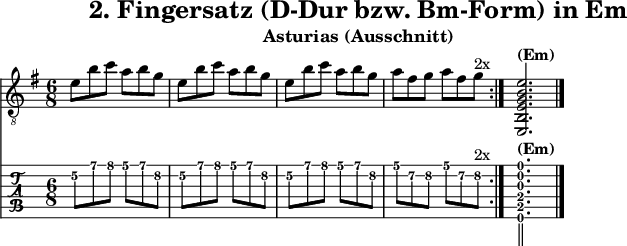 
\version "2.20.0"
\header {
  title="2. Fingersatz (D-Dur bzw. Bm-Form) in Em"
   subtitle="Asturias (Ausschnitt)"
}
%% Diskant- bzw. Melodiesaiten
Diskant =  {
  \set TabStaff.minimumFret = #5
  \set TabStaff.restrainOpenStrings = ##t
  \key e \minor
  \repeat volta 2 \relative c'{
  e8 b' c a b g | e8 b' c a b g |
  e8 b' c a b g | a fis g a fis g^\markup {2x} | } 
 \set TabStaff.minimumFret = #0
  <e, b, e g b e'>2.^\markup { \bold {(Em)} }
  \bar "|."
 }

%% Layout- bzw. Bildausgabe
\score {
  <<
    \new Voice  { 
      \clef "treble_8" 
      \time 6/8  
      \tempo 4 = 120 
      \set Score.tempoHideNote = ##t
      \Diskant 
    }
    \new TabStaff { \tabFullNotation \Diskant }
  >>
  \layout {}
}

%% Midiausgabe mit Wiederholungen, ohne Akkorde
\score {
  <<
    \unfoldRepeats {
      \new Staff  <<
        \tempo 4 = 120
        \time 4/4
        \set Staff.midiInstrument = #"acoustic guitar (nylon)"
        \clef "G_8"
        \Diskant
      >>
    }
  >>
  \midi {}
}
%% unterdrückt im raw="!"-Modus das DinA4-Format.
\paper {
  indent=0\mm
  %% DinA4 = 210mm - 10mm Rand - 20mm Lochrand = 180mm
  line-width=180\mm
  oddFooterMarkup=##f
  oddHeaderMarkup=##f
  % bookTitleMarkup=##f
  scoreTitleMarkup=##f
}
