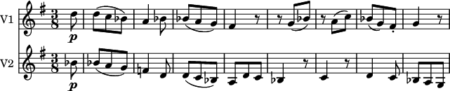  \version "2.18.2"<<\new Staff \with { instrumentName = #"V1 "} \relative c'' {    \key g \major     \time 3/8   \partial 8 d8 \p d (c bes)   a4 bes8   bes8 (a g)   fis4 r8   r8 g (bes)   r a (c)   bes (g) fis-.   g4 r8  }\new Staff \with { instrumentName = #"V2 "} \relative c'' {    \key g \major     \time 3/8   \partial 8 bes8 \p bes (a g)   f4 d8   d (c bes)   a d c   bes4 r8   c4 r8   d4 c8   bes a g}>>\midi {    \context {      \Score      tempoWholesPerMinute = #(ly:make-moment 140 4)    }  }