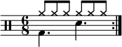 
   \new Staff << \new voice \relative c' { \clef percussion \numericTimeSignature \time 6/8 \set Score.tempoHideNote = ##t \tempo 4. = 80 \stemDown \repeat volta 2 { g4.  d' } } \new voice \relative c'' { \override NoteHead.style = #'cross \stemUp \repeat volta 2 { a8 aaaaa } } >>