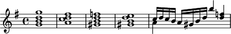 
\header {
 tagline = ##f
}

\score {
 \new Staff \with {

 }
<<
 \relative c''' {
 \key g \major
 \time 4/4
 \override TupletBracket #'bracket-visibility = ##f 
 %\autoBeamOff

 %%%%%%%%%%%%%%%%%%%%%%%%%% K15g
 < g d b g >1 < fis d c a >1 < f! d b gis >1 < e d b gis >1 
 << { c16 d c b a gis b d b'4 < f! d >4 } \\ { a,4 } >>

 }
>>
 \layout {
 \context {
 \remove "Metronome_mark_engraver"
 }
 }
 \midi {}
}
