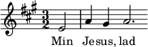 {{ \numericTimeSignature \time 3/2 \key a \major  \partial 2 e'2  | a'4 gis'4 a'2.     }  \addlyrics { Min | Je -- sus, lad }}