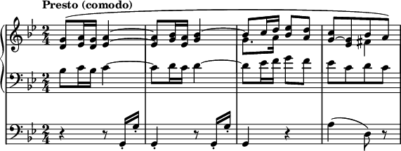 
new StaffGroup
 with { 
   systemStartDelimiter = #'SystemStartBar
 }
 <<
  new GrandStaff <<
   new Staff relative c' { key g minor time 2/4 tempo 