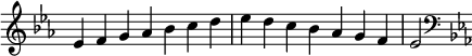   {\ override Score.TimeSignature # 'stencil = ## f \ relative c' {\ clef treble \ key es \ major \ time 7/4 es4 fg aes bes cd es dc bes aes gf es2 \ clef bass \ key es \ major }}
