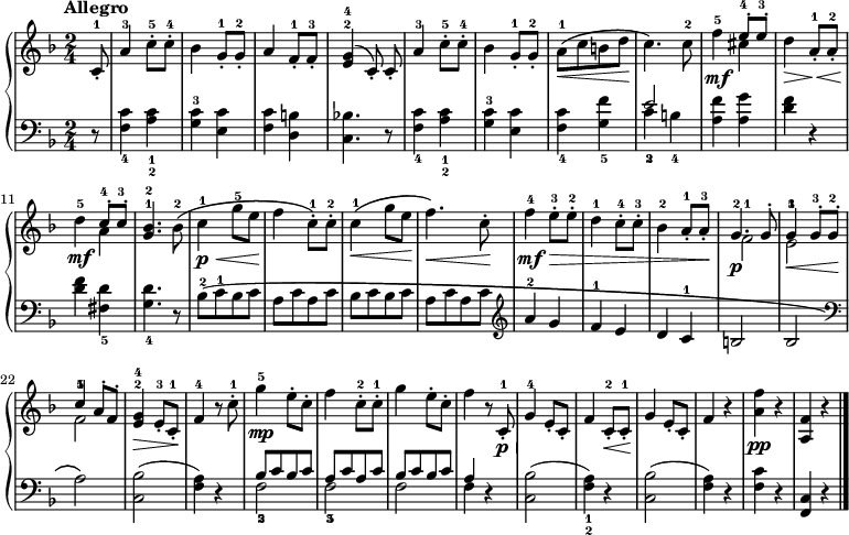 \new PianoStaff <<
\new Staff { \time 2/4 \key f \major \partial 8 \tempo "Allegro" \relative c' {
  c8-.-1 | a'4-3 c8-.-5 c-.-4 |
  bes4 g8-.-1 g-.-2 | a4 f8-.-1 f-.-3 |
  <e^2 g^4>4^( \autoBeamOff c8-.) c-. | \autoBeamOn
  a'4-3 c8-.-5 c-.-4 | bes4 g8-.-1 g-.-2 |
  a-1^\(\<[ c b d\!] | c4.\) c8-2 |
  f4-5\mf << { e8-.-4 e-.-3 } \\ { cis4 } >> |
  d4\> a8-.-1\< a-.-2 |
  d4-5\mf << { c8-.-4\> c-.-3 } \\ { a4 } >> |
  <bes^2 g^1>4.\! bes8-2^\( | c4-1\p\< g'8-5 e\! |
  f4 c8-.-1\) c-.-2 | c4-1^\(\< g'8 e\! |
  f4.\)\< c8-.\! | f4-4\mf\> e8-.-3 e-.-2 |
  d4-1 c8-.-4 c-.-3 | bes4-2 a8-.-1 a-.-3\! |
  << { g4.^2\p g8-. | g4^3\< g8-.^3 g-.^2\! | c4^5 a8-. f-. } \\
     { f2^1 e^1 f^1 } >>
  <g^4 e^2>4\> e8-.-3 c-.-1\! | f4-4 r8 c'8-.-1 |
  g'4-5\mp e8-. c-. | f4 c8-.-2 c-.-1 |
  g'4 e8-. c-. | f4 r8 c,8-.-1\p\< |
  g'4-4\! e8-. c-. | f4 c8-.-2\< c-.-1 |
  g'4\! e8-. c-. | f4 r | <a f'>\pp r | <f a,> r \bar "|." } }
\new Staff { \clef bass \key f \major \relative f {
  r8 | <f c'_4>4 <a_2 c_1> | <g-3 c> <e c'> |
  <f c'> <d b'> | <c bes'!>4. r8 |
  <f c'_4>4 <a_2 c_1> | <g-3 c> <e c'> |
  <f_4 c'> <g_5 f'> | << { e'2_2^( } \\ { c4_3\( b_4 } >>
  <a f'>4)\) <a g'> | <d f> r |
  q <fis,_5 d'> | <g_4 d'>4. r8 |
  bes-2\([ c-1 bes c] | a[ c a c] |
  bes[ c bes c] | a[ c a c] \clef treble
  a'4-2 g | f-1 e d c-1 | b2 bes \clef bass | a\) |
  <bes c,>( | <a f>4) r |
  << { bes8_2\([ c bes c] | a_3[ c a c] | bes[ c bes c] | a4 } \\
     { f2_5 f_5 f f4 } >> r
  <bes c,>2( | <a_1 f_2>4) r |
  <bes c,>2( | <a f>4) r |
  <f c'> r <c f,> r } }
>> 