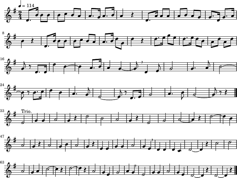 {
 \key g \major \time 2/4 \tempo 4 = 114 \relative d' {
 d8. b'16 b8 b | b c b a | a8. g16 a8. b16 | a4 r | d,8. a'16 a8 a
 a b a g | g8. d16 g8. a16 \break
 b4 r | d,8. b'16 b8 b | b c b a | a8. b16 d8 g, | d'4 r | d8. e16 g8 e
 d8. e16 d8 b | a d a d \break
 g, r d8. d16 | d'4 b~ | b a8. b16 | a4 g~ | g8 \breathe d4 e8 | g2 | g4. a8 | b2~ \break
 b8 r b8. c16 | d4 b | a4. g8 | e2~ | e8 r d8. e16 | g2 | a4. b8 | g2~ | g8 r r4 \bar "|." \break
 e2^"Trio." | g4 g | a2 | g4 r | d'2 | b | a | g4 r |
 e2 | g | a~ | a4 r | d2~ | d4 b | a2 |
 g4 r | a2 | g4 b | a2 | g4 r | e e | g g | a2 |
 g4 e \breathe | d d | d c | d2~ | d4 r | c'2 | d | a |
 g4 a | c2~ c4 r | d2~ | d4 r | a2 | g4 e | g2 | a4 g \breathe |
 e2 | g4 g | a2 | g4 e | d2~ | d4 r | d2~ | d4 r \bar "|."
 }
\addlyrics {
 ま も る も せ む る も く ろ が ね の う か べ る し ー ろ ぞ た の み な る
 う か べ る そ の し ろ ひ の も と の み く に の よ ー も を ま も る べ し
 ま が ね のー そ の ふ ねー ひ の も と ー にー
 あ だ な す く に をー せ ー め よ か しー
 う み ゆ か ば み づ く ー か ば ね
 や ー ま ー ゆ ー ー か ば く さ む す か ば ね
 お お ぎ み の へ ー に ー ー こ そ し な ー め ー ー
 の ど に は し ー な じ
 }
}