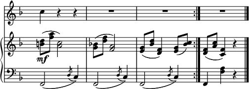 
sVarB = { <b' d>8_\mf([<f' a>] <a, c>2) | <g bes!>8([<d' f>] <f, a>2) | <e g>8([<bes' d>] <d, f>4) <e g>8([<bes' c>]) \bar ":|." <d, f>([<a' c>] <c,f>4) r \bar "|." }

sVarA = { c4 r r | R2.*2 \bar ":|." R2. \bar "|." }

sVarCrep = { f,2( \acciaccatura d'8 c4) | f,2( \acciaccatura d'8 c4) | f,2( \acciaccatura d'8 c4) }

sVarCk = { f,4 <f' a> r \bar "|." }

\paper { #(set-paper-size "a4")
 oddHeaderMarkup = "" evenHeaderMarkup = "" }
\header { tagline = ##f }
\version "2.18.2"
\score {
\midi {  }
\layout { line-width = #140
indent = 0\cm}
<<
  \new Staff { \clef "violin" \key d \minor \time 3/4 \override Staff.TimeSignature #'transparent = ##t \autoBeamOff \relative c'' { \sVarA } }
  \new PianoStaff <<
    \new Staff = "up" { \clef "violin" \key d \minor \time 3/4 \override Staff.TimeSignature #'transparent = ##t \relative c' { \sVarB } }
    \new Staff = "down" { \clef "bass" \key d \minor \time 3/4 \override Staff.TimeSignature #'transparent = ##t \relative c { \repeat volta 2 { \sVarCrep } \sVarCk } }
  >>
>> }