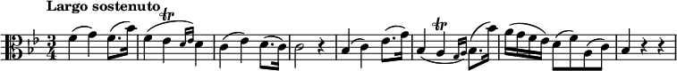 
\version "2.18.2"
\relative c'' {\set Staff.midiInstrument = #"violin"
  \key bes \major
  \time 3/4
  \tempo "Largo sostenuto"
  \tempo 4 =42
  \clef alto f,4 (g) f8. (bes16)
  f4 (es\trill \grace { d16 es16) } d4
  c (es) d8. (c16)
  c2 r4
  bes (c) es8. (g16)
  bes,4 (a\trill \grace { g16 a16) } bes8. (bes'16)
  a (g f es) d8 (f) a, (c)
  bes4 r r
}
