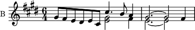 
\language "italiano"
\score {
 \new Staff \with { instrumentName = "B " } <<
 \new Voice = "first"
    \relative { \voiceOne 
      \clef treble
      \time 6/4
      \key mi \major
      sold'8 fad mi red mi dod dod'4. si8 la4 | sold2.~ sold2 fad4 |
    }
  \new Voice= "second"
    \relative { \voiceTwo 
      s2. <sold' mi>2 fad4 | mi2.~ mi2 s4 |
    }
 >>
 \layout {
    \context { \Staff \RemoveEmptyStaves }
    indent = 0\cm
    line-width = #120
    \override Score.BarNumber #'stencil = ##f
  }
  \midi { }
}
\header { tagline = ##f}
