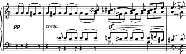 
 \relative c' {
  \new PianoStaff <<
   \new Staff \with { \remove "Time_signature_engraver" } { \key c \major \time 9/8 \partial 4*5/2
    \set tieWaitForNote = ##t
    <<
     {
      g'8-.( g-.) g( fis g) | g( fis g) g( fis g) \voiceTwo g( fis g) |
      g( fis g) g( fis g) g a a | a4.~ a8
     }
    \\
     { s4*5/2 s1 \voiceOne <cis bes>8 <cis~ bes~>4. <cis bes>4 <cis bes>8 <cis bes> d e e4.( f!8) }
    >>
   }
   \new Dynamics {
    s8\pp s2 s8\cresc s8\! s8 s2. s8\sf ^\> s2. s8 s8\!
   }
   \new Staff \with { \remove "Time_signature_engraver" } { \key c \major \time 9/8 \clef bass
    <<
     { s4*5/2 s4 es,8 es( d es) es( d es) e!( dis e) e( dis e) e( f! cis) cis4.( d8) }
    \\
     { d,8\rest d\rest d4\rest d8\rest d4\rest b8\rest b4\rest b8\rest b4\rest b8\rest a'2. a4. d,4.~ d8 }
    >>
   }
  >>
 }
