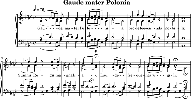 
\version "2.20.0"

\header{
   title = "Gaude mater Polonia"
   tagline = ""
}

global = {
   \key as \major
   \time 4/4
   \tempo 4 = 75

   \set Staff.midiInstrument = "choir aahs"
   \set Staff.midiReverbLevel = 1

   \shiftOff
}
% as bes des es

sop = \new Voice {
   \stemUp \shiftOff
   \relative c''{
      as2^( bes8[ as g]) as \noBreak |
      bes2 as4 as |
      bes8[^( c des c] bes4) as4 |
      as1 | 

      c2 es4 des |
      c4^( bes) as2 |
      bes2 g |
      as1 |  

      c2^( es4) es |
      f2 es4^( es) |
      des2 c |
      bes2^( c4 as)^\p \fermata | 

      as2 bes8^([ as g]) as |
      bes2 as |
      bes8^([ c des c] bes4) as |
      as1 \fermata |
   }
}

alt = \new Voice {
   \stemDown \shiftOff
    \relative c'{
    es4_( f2 es8) es |
    g2 f4 f |
    g8_([ as g as] g4) es |
    f2_( es) | 

    f2 es4 es |
    es4_( g) f2 |
    f2 es |
    es1 | \break

    as2_( g4 as) |
    as2 as4_( as) |
    as_( bes) as2 |
    g2._( f4) | 

    f2 f4_( es8) es |
    g2 f |
    g8_([ as g as] g4) f |
    f2_( es) _\fermata |
    }
}

tnr = \new Voice {
   \stemUp \shiftOff
   c'2^( des'4.) c'8 |
   es'4^( des') c' c' |
   es'2. c'4 |
   des'2 c' | 

   as2 g4 bes |
   g4^( des') c'2 |
   des'2 des' |
   c'1 | 

   f'2^( es'8[ des']) c'4 |
   des'2 c'4 c' |
   f'^( es') es'2 | 
   es'4^( des' c'2) \fermata | 

   des'4^( c') des'4. c'8 |
   es'4( des') c'2 |
   es'2. c'4 |
   des'2^( c') \fermata | 
}

bss = \new Voice {
   \stemDown \shiftOff
   as4_( f des es8) as |
   es2 f4 f |
   es8[_( as bes as] es4) as |
   des4_( f as2) | 

   f2 c4 es |
   as_( es) f2 |
   des es |
   as,1 | 

   f2_( c'8[ bes]) as4 |
   des_( f) as_( as) |
   f_( g) as2 |
   es2 es4 f \fermata | 

   des4_( f) des_( es8) as |
   es2 f |
   es8_([ as bes as] es4) f |
   des4_( f as2) _\fermata | 
}

\score {

\new PianoStaff {
<<
   \new Staff {
      \global
      \clef treble
      <<
         \sop
         \alt
      >>
   }

\addlyrics { \small {
   Gau - - - - de, ma -- ter Po -- lo - - - - ni - a,
   pro -- le foe -- cu - nda no -- bi -- li;
   Sum -- mi Re - gis ma - gna -- li -- a - -,
   Lau - de - - fre -- que -- nta vi - - - gi -- li.
} }

   \new Staff {
      \global
      \clef bass

      <<
         \tnr
         \bss
      >>
   }
>>
}
\midi{}
\layout{}
}
