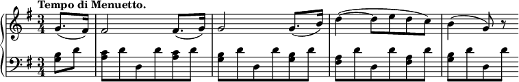 
 \relative c' {
 \new PianoStaff <<
 \new Staff { \key g \major \time 3/4 \partial 4 \tempo "Tempo di Menuetto."
 g'8.( fis16) fis2 fis8.( g16) g2 g8.( b16) d4~( d8 e d c) b4( g8) r
 }
 \new Staff { \key g \major \time 3/4 \clef bass \partial 4
 <b, g>8 d <c a> d d, d' <c a> d <b g> d d, d' <b g> d <a fis> d d, d' <a fis> d <b g>[ d d, d']
 }
 >>
 }
