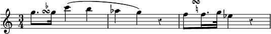 { \relative g'' { \time 3/4 \override Score.Rest #'style = #'classical
 g8.*1/2[ s\turn^\markup \teeny \flat g16] c4( b |
 aes g) r | f8*1/2[ \once \override TextScript.script-priority = #-100 s^\markup \teeny \natural \turn f16. g32] ees4 r } }