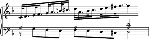 
\language "italiano"
globalH = { \clef treble \time 6/4 \key fa \major \autoBeamOff }
globalB = { \clef bass \time 6/4 \key fa \major \autoBeamOff }
sopMusic = \relative do' {
  do32[ re16. mi32 \set stemRightBeamCount = #1 fa16. \set stemLeftBeamCount = #1 sol32 la16. si32 dod16.] 
  \stemDown re32[ la16. si32 \set stemRightBeamCount = #1 dod16. \set stemLeftBeamCount = #1 re32 mi16. fad32 sol16.]~ sol4
}
altomusic = \relative do' {
  la2 la <re la>
}
basMusic = \relative do' {
  sib,8\rest sol'[ fa mi] fa[ mi re dod] re2
}
\score {
    \new PianoStaff <<
      \new Staff
        \new Voice = "sopranos" {
          \voiceOne
          \globalH
          \sopMusic
        }
      \new Staff
      <<
        \new Voice = "altos" {
          \voiceThree
          \globalB
          \altomusic
        }
        \new Voice = "basses" {
          \voiceTwo
          \globalB
          \basMusic
        }
      >>
    >>  % end PianoStaff
    \layout {
    \context { \Staff \RemoveEmptyStaves 
                      \remove Time_signature_engraver
    }
    indent = 0\cm
    \override Score.BarNumber #'stencil = ##f
    line-width = #120
  }
  \midi { }
}
\header { tagline = ##f}
