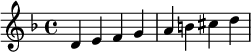  \relative c' { \clef treble\key d \minor d e f g | a b cis d } 