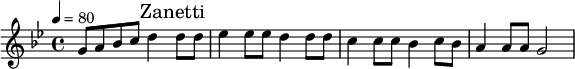 
\ relative c '' {\ set Staff.midiInstrument = # "violin" \ tempo 4 = 80 \ key bes \ major \ time 4/4 g8 a bes c d4 \ mark "Zanetti" d8 d es4 es8 es d4 d8 d c4 c8 c bes4 c8 bes a4 a8 a g2}
