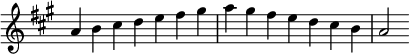   {
\omit Score.TimeSignature \relative c'' {
  \key a \major \time 7/4 a b cis d e fis gis a gis fis e d cis b a2
} }
