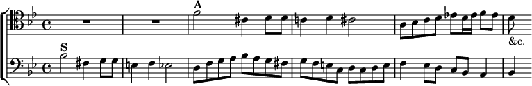  \new ChoirStaff <<
  \new Staff \relative f' { \clef tenor \key bes \major \time 4/4 R1*2
    f2^\markup \bold "A" cis4 d8 d | c!4 d cis2 |
    a8 bes c d ees! d16 ees f8 ees | d_"&c." }
  \new Staff \relative b { \clef bass \key bes \major
    bes2^\markup \bold "S" fis4 g8 g | e4 f ees2 |
    d8 f g a bes a g fis | g f e c d c d e |
    f4 ees8 d c bes a4 | bes } >> 