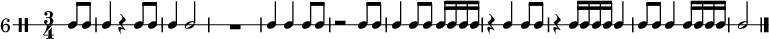 \new DrumStaff \with {
  instrumentName = \markup \huge {"6"}
} \drummode {
  \override Staff.StaffSymbol #'line-count = #1
  \override Score.MetronomeMark #'stencil = ##f
  \tempo 4 = 60
  \time 3/4
  \stemUp
  \partial 4 ssh8 ssh | ssh4 r ssh8 ssh | ssh4 ssh2 | R2. | ssh4 ssh4 ssh8 ssh | r2 ssh8 ssh | ssh4 ssh8 ssh ssh16 ssh ssh ssh |
  r4 ssh4 ssh8 ssh | r4 ssh16 ssh ssh ssh ssh4 | ssh8 ssh ssh4 ssh16 ssh ssh ssh | ssh2
  \bar "|."
}