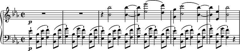 
{\ new PianoStaff << \ new Staff \ related bes '{\ set Staff.midiInstrument = # "piano" \ key c \ minor \ clef treble \ time 2/2 \ set Score.tempoHideNote = ## t \ tempo 2 = 60 R1 * 2 \ p |  % 3 r4 <bes bes '> 2 <bes bes'> 4 ~ ~ |  % 4 <bes bes '> 4 <es es'> 2 (<d d '> 4) |  % 5 <g, g '> 4 <c c'> 2 (<bes bes '> 4) ~ ~ |  % 6 <bes bes '> 4 <es, es'> 4 <bes 'bes'> 2} \ new Staff \ related es {\ set Staff.midiInstrument = # "piano" \ key c \ minor \ clef bass \ time 2/2 <es es '> 4 \ p -!  <bes bes '> 8 (<es es'> 8 <f f '> 4) -!  <bes, bes '> 8 (<f' f '> 8 |% 2 <g g'> 4) -!  <bes, bes '> 8 (<g' g '> 8 <f f'> 4) -!  <bes, bes '> 8 (<f' f '> 8 |% 3 <es es'> 4) -!  <bes bes '> 8 (<es es'> 8 <f f '> 4) -!  <bes, bes '> 8 (<f' f '> 8 |% 4 <g g'> 4) -!  <bes, bes '> 8 (<g' g '> 8 <f f'> 4) -!  <bes, bes '> 8 (<f' f '> 8 |% 5 <es es'> 4) -!  <bes bes '> 8 (<es es'> 8 <f f '> 4) -!  <bes, bes '> 8 (<f' f '> 8 |% 6 <g g'> 4) -!  <bes, bes '> 8 (<g' g '> 8 <f f'> 4) -!  r4 \!  } >>}
