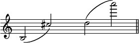 
\language "italiano"
\score {
  \relative do' {
    \time 9/2
    si2\( \once \stemUp dod'\) s4 re2\( la''\) \bar"||"
  }
  \layout {
    \context { \Staff \RemoveEmptyStaves \remove Time_signature_engraver }
        \context { \Score
               \override SpacingSpanner.base-shortest-duration = #(ly:make-moment 1/32)
    }
    indent = 0\cm
    line-width = #120
    \override Score.BarNumber #'stencil = ##f
  }
}
\header { tagline = ##f}
