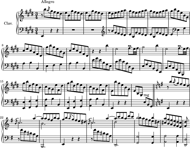 
\version "2.18.2"
\header {
  tagline = ##f
}

%% les petites notes
trillFisqp    = { \tag #'print { fis8.\prall } \tag #'midi { gis32 fis gis fis~ fis16 } }

upper = \relative c'' {
  \clef treble 
  \key e \major
  \time 3/4
  \tempo 4 = 110
  \set Staff.midiInstrument = #"harpsichord"

     s8*0^\markup{Allegro}
     r8 b'8 \acciaccatura a8  gis8 fis e dis | \repeat unfold 2 { e b gis' fis e dis } | e dis e fis gis a | \repeat unfold 2 { gis fis e fis gis a } |
     % ms. 7
     \repeat unfold 2 { gis8 b gis e b gis | cis e cis a fis dis } |
     % ms. 11
     r4 r4 b''4 | e,2 \trillFisqp e32 fis | gis2 b4 | e,2 \trillFisqp e32 fis | % gis8 b dis, fis e b |
     % ms. 15 et 16
     \repeat unfold 2 { gis8 b dis, fis e b | cis a gis e' fis, dis'  } | e,8 b'' gis e b gis e \stemUp \change Staff = "lower" e8^\markup{mg} b gis \bar "||" \change Staff = "upper"  \key e \minor  
     % ms. 21
     r8 b'''8 \acciaccatura a8  g8 fis e d |
     % ms. 22
     << { \mergeDifferentlyDottedOn \acciaccatura b8 \stemUp c2 a'4~ | a8 a g fis b a | g b8 \acciaccatura a8  g8 fis e dis | \acciaccatura b8  c2 a'4~ | a8 c b a d | b2 b4 } \\ { c,2. | b2. s2. | c2. | d2 s4 | b'8 a g fis e dis } >> | < cis a' >8 <b g' > < a fis' > < g e' > < fis d' > < e cis' > | < fis d' >

}

lower = \relative c' {
  \clef bass
  \key e \major
  \time 3/4
  \set Staff.midiInstrument = #"harpsichord"

    % **************************************
      e,,4 r4 r4 | R2.*2 |   \clef treble  r8 b'''8 gis fis e dis | \repeat unfold 2 { e b gis' fis e dis } |
      % ms. 7
      e4   \clef bass e, gis | a b b, | e fis gis  | a b b, |
      % ms. 11
      e'8 gis e b gis e | cis' e cis a dis, b | e gis e b gis e | cis' e cis a dis, b | \repeat unfold 2 { < e e' >4 <fis fis' > < gis gis' >
      % ms. 17
      < a a' >4 b' b, } | e,4 r4 r4 | s2. | \key e \minor

      % ms. 21
      e4 r4 r4 | r8 a''8 fis dis c a | b,,2. | e4  r4 r4 | r8 a''8 fis dis c a |
      % ms. 26
      d,,2. | < g g' >2 q4 | < a a' >2 q4 | < d, d' >2*1/2

}

thePianoStaff = \new PianoStaff <<
    \set PianoStaff.instrumentName = #"Clav."
    \new Staff = "upper" \upper
    \new Staff = "lower" \lower
  >>

\score {
  \keepWithTag #'print \thePianoStaff
  \layout {
      #(layout-set-staff-size 17)
    \context {
      \Score
     \override SpacingSpanner.common-shortest-duration = #(ly:make-moment 1/2)
      \remove "Metronome_mark_engraver"
    }
  }
}

\score {
  \keepWithTag #'midi \thePianoStaff
  \midi { }
}
