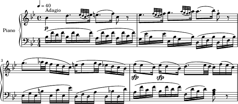 
\version "2.14.2"
\header {
  tagline = ##f
}
upper= \relative c' {
  \clef treble
  \key bes \major
  \time 4/4
  \tempo 4 = 40
  \set Staff.midiInstrument = #"piano"
     bes'4\p^\markup { Adagio } d8. [ \grace { ees32 (d c d  } ees16]) e8. (f16) c8 r8
    ees8.[  \grace { f32 (ees d ees } f16])    g8. [ \grace { a32 (g f g  } a16]) a8. (bes16) f8-! r8
    g8. (aes32 g f16 ees d c) e16 (f8 g32 f ees16 d c bes)
    f'16\sfp (ees8 c16) ees16\sfp (d8 bes16) d8. (ees32 d c16) f (ees c)
  }

lower=\relative c {
    \clef bass
    \key bes \major
    \numericTimeSignature
    \time 4/4
     bes'16 (f' d f bes, f' d f) a,  (f' c f a, f' c f)
    g,16 (ees' bes ees ees, bes' g bes) d,  (bes' f bes d, bes'  f bes)
    ees,16 (g ees b' ees, c' ees, ees') d,  (f d a' d, bes'!  d, d')
    a16 (f' c f bes, f' d f) f, (d' bes d) <f, a c>8 r8
  }

\score {
       \new PianoStaff \with { instrumentName = #"Piano" }
       <<
         \new Staff = "upper" \upper
         \new Staff = "lower" \lower
       >>
\layout { }
\midi { } }
