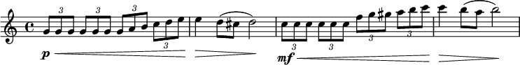 
{
  \new PianoStaff <<
    \new Staff \relative g' {
      \set Staff.midiInstrument = #"piano" \key c \major \clef treble \time 4/4 \set Score.tempoHideNote = ##t \tempo 4 = 150
      \once \override TupletBracket #'stencil = ##f
      \times 2/3  {
        g8 \p \< g8 g8
      }
      \once \override TupletBracket #'stencil = ##f
      \times 2/3  {
        g8 g8 g8
      }
      \once \override TupletBracket #'stencil = ##f
      \times 2/3  {
        g8 a8 b8
      }
      \once \override TupletBracket #'stencil = ##f
      \times 2/3  {
        c8 d8 e8
      }
      | % 2
      e4 \! \> d8 ( cis8 d2 \! ) | % 3
      \once \override TupletBracket #'stencil = ##f
      \times 2/3  {
        c8 \mf \< c8 c8
      }
      \once \override TupletBracket #'stencil = ##f
      \times 2/3  {
        c8 c8 c8
      }
      \once \override TupletBracket #'stencil = ##f
      \times 2/3  {
        f8 g8 gis8
      }
      \once \override TupletBracket #'stencil = ##f
      \times 2/3  {
        a8 b8 c8
      }
      | % 4
      c4 \! \> b8 ( a8 b2 \! )
    }
  >>
}
