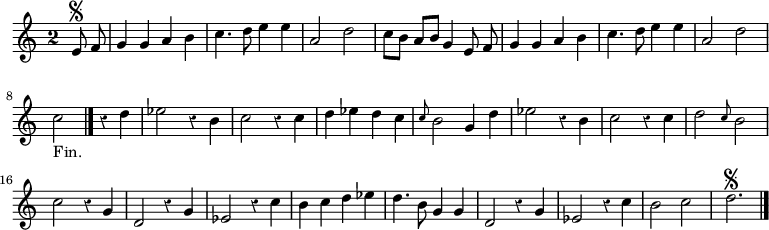 
\relative c' {
  \override Rest #'style = #'classical
  \override Staff.TimeSignature #'style = #'single-digit
  \time 2/2
  \partial 4
  \autoBeamOff
  e8\segno f
  g4 g a b
  c4. d8 e4 e
  a,2 d
  c8[ b] a[ b] g4 e8 f
  g4 g a b
  c4. d8 e4 e

  a,2 d
  c_"Fin." \bar "|." r4 d
  es2 r4 b4
  c2 r4 c
  d es d c
  \grace c8 b2 g4 d'
  es2 r4 b
  c2 r4 c
  d2 \grace c8 b2

  c2 r4 g
  d2 r4 g
  es2 r4 c'
  b c d es
  d4. b8 g4 g
  d2 r4 g
  es2 r4 c'
  b2 c
  d2.\segno
  \bar "|."
}
