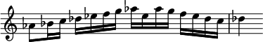 { \override Score.TimeSignature #'stencil = ##f \time 4/4 \relative a' { aes8 bes16 c des ees f g aes ees aes g f ees des c | des4 } }