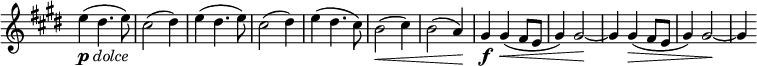 
\relative c'' \new Staff \with { \remove "Time_signature_engraver" } {
 \set Score.tempoHideNote = ##t \tempo "" 4=138 \key cis \minor \time 3/4
 e4_\markup { \dynamic p \italic dolce } ( dis4. e8) cis2( dis4)
 e( dis4. e8) cis2( dis4) e4( dis4. cis8) b2\< ( cis4)
 b2( a4\! ) gis\f  gis\< ( fis8 e gis4) gis2\! ~
 gis4 gis\> ( fis8 e gis4) gis2\! ~ gis4
}
