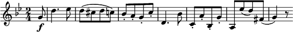 {\ temp 4 = 120 \ set Score.tempoHideNote = ## t \ set Staff.midiInstrument = "hegedű" \ relatív g '{kulcs g \ moll \ idő 2/4 \ részleges 8 g8 \ f |  d'4.  es8 |  d8 ([cisz dc)] |  bes8-. [a-.  g-.  c-.] |  d, 4.  bes'8 |  c, 8-[a'-.  bes,-.  g'-.] |  a, 8 [es '' (d) fis, (] | g4) r8}}