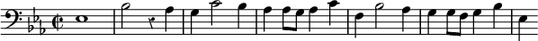 
\relative e { \override Score.Rest #'style = #'classical \clef bass \key ees \major \time 2/2 ees1 | bes'2 r4 aes | g c2 bes4 | aes aes8 g aes4 c | f, bes2 aes4 | g g8 f g4 bes | ees, }